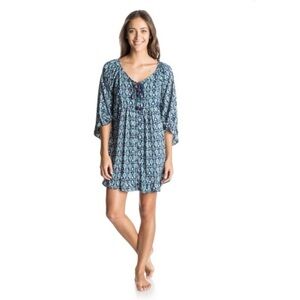 Roxy Blackbird Dress Blue Boho Floral Print beach cover up surf sz sm